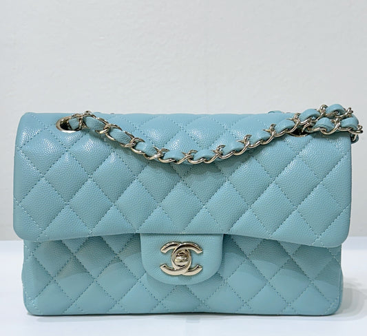 Chanel Small Classic Caviar Double Flap Tiffany Blue 20C GHW