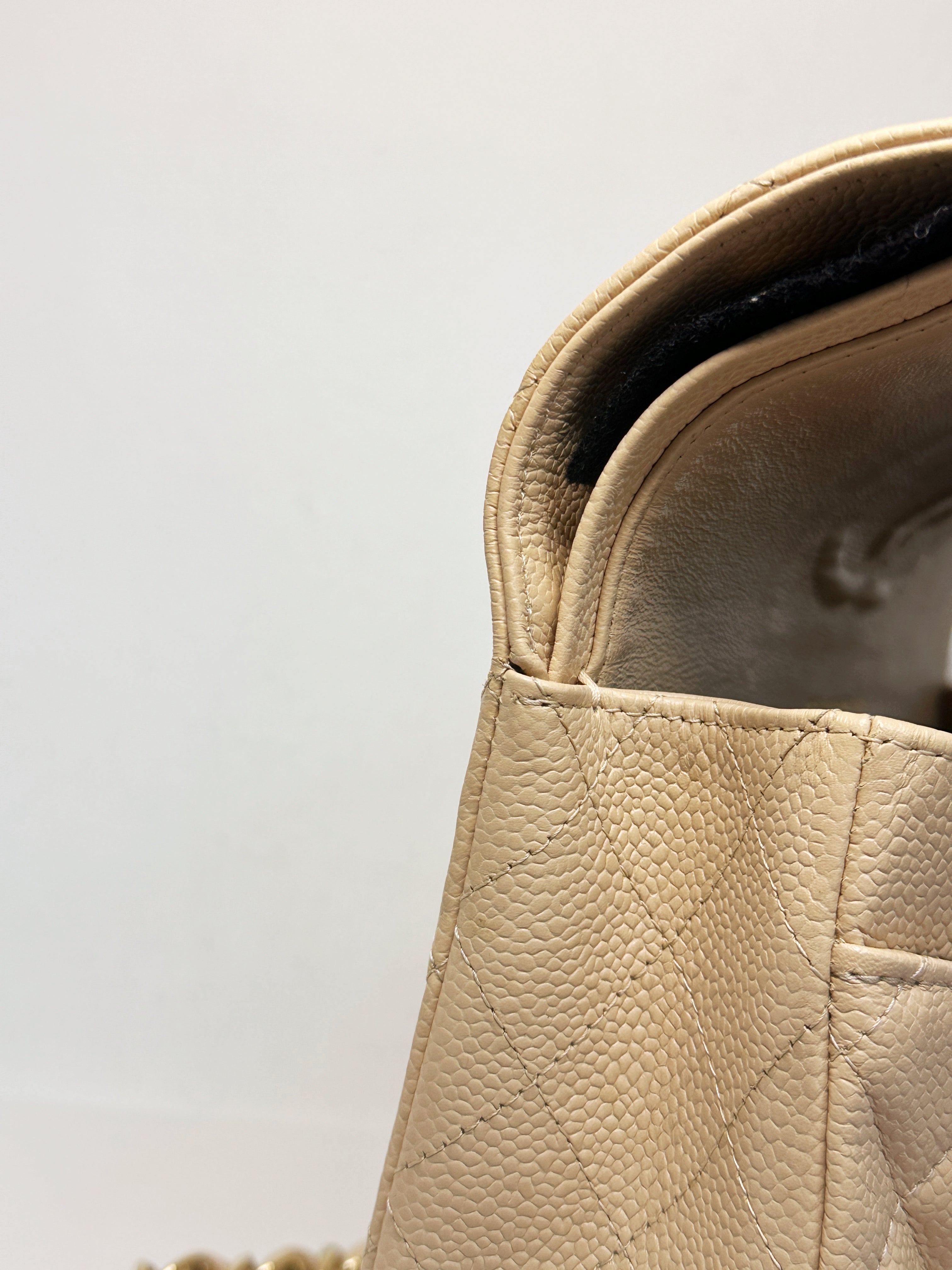 Chanel Medium Beige Classic Caviar Double Flap Bag GHW 2163 holo