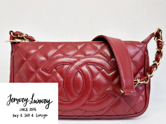 Chanel Small Caviar Quilted Pochette Shoulder Bag Red GHW