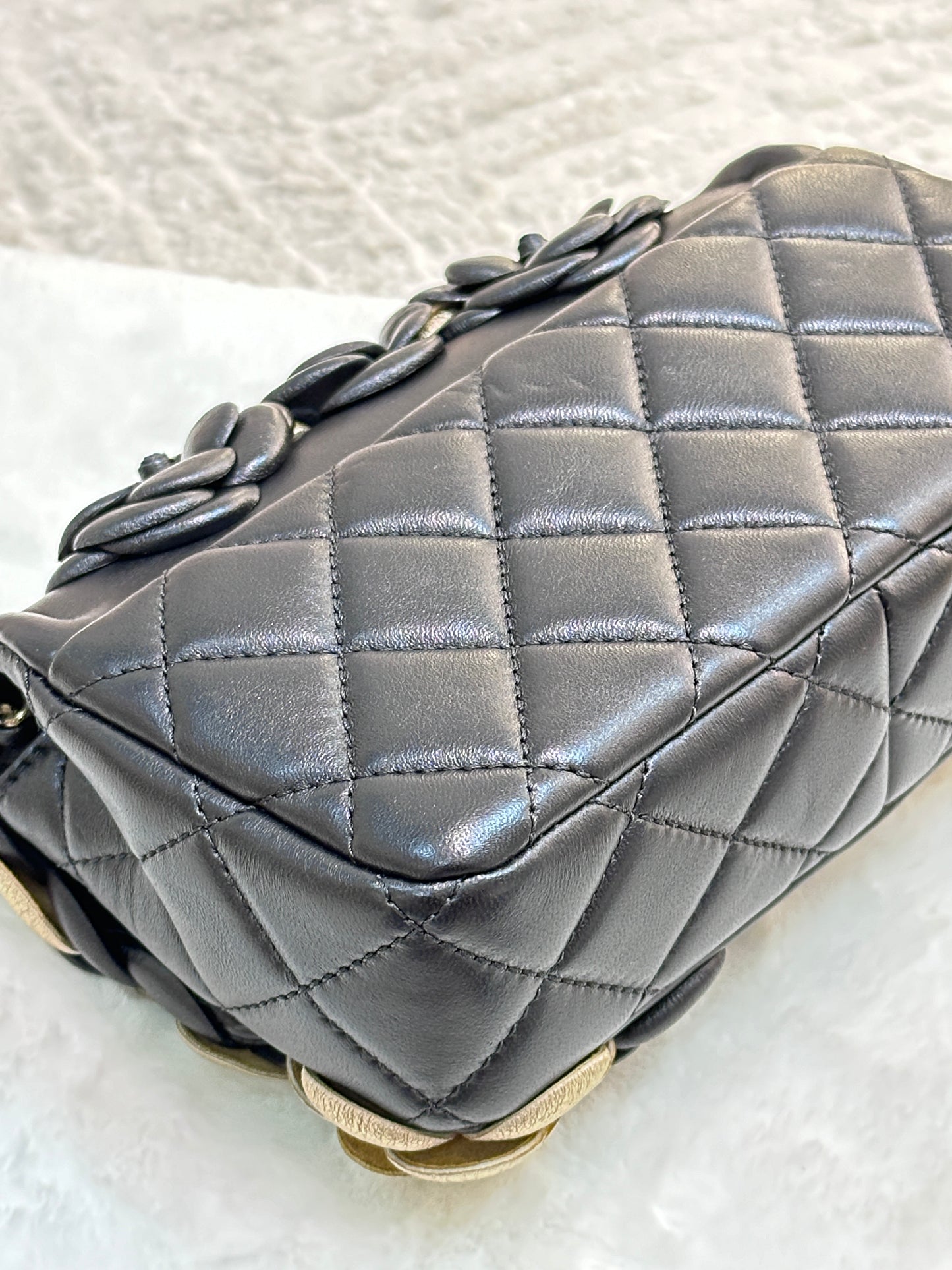 Chanel Mini Metallic Lambskin Quilted Camellia Flap  Bag Black Gold