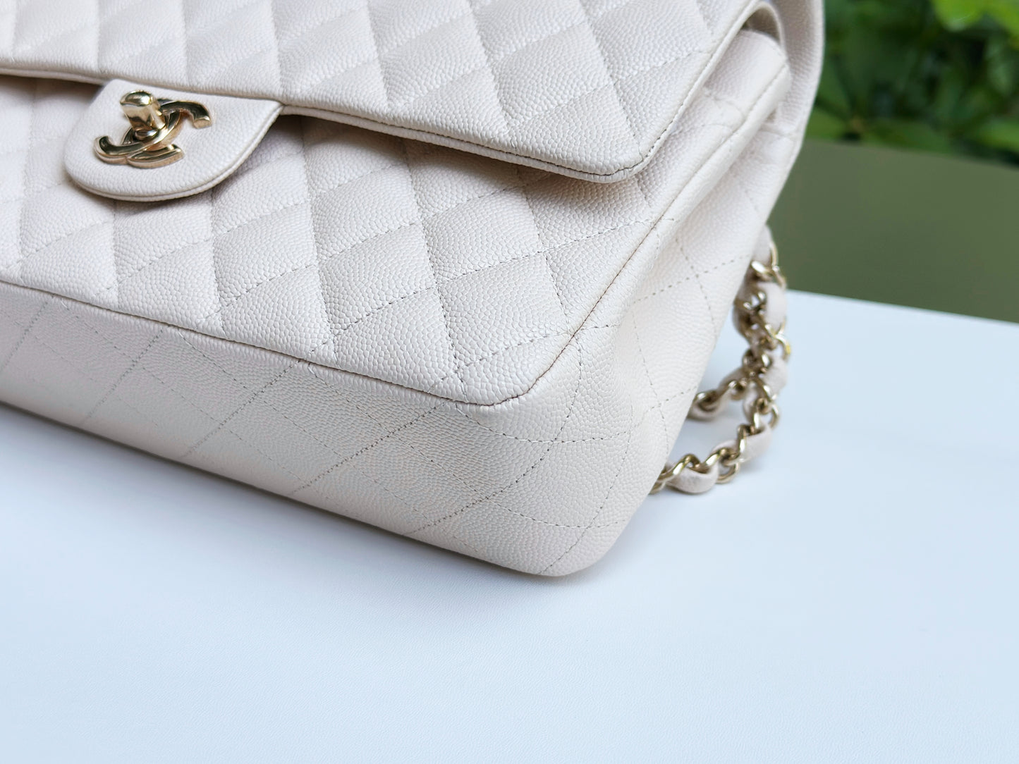 Chanel Medium Caviar Classic Quilted Double Flap Ivory Light Beige Bag LGHW
