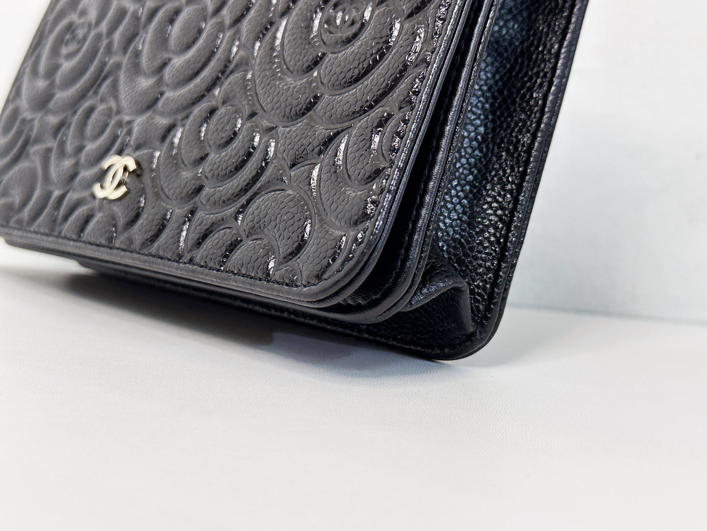 Chanel Black Caviar Camellia Embossed Wallet on Chain WOC Crossbody/ Clutch Bag 2951 holo card