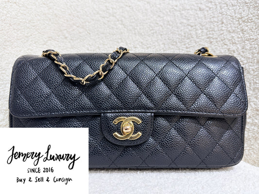 Chanel 24K Gold Caviar East West Flap Bag Black GHW 1273 holo card