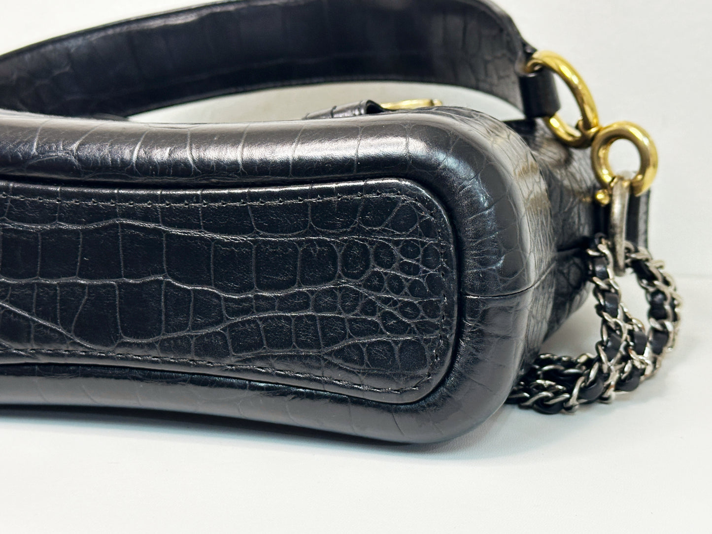 Chanel Small Gabrielle Hobo Bag Crocodile Embossed Calfskin Black 2822 holo card