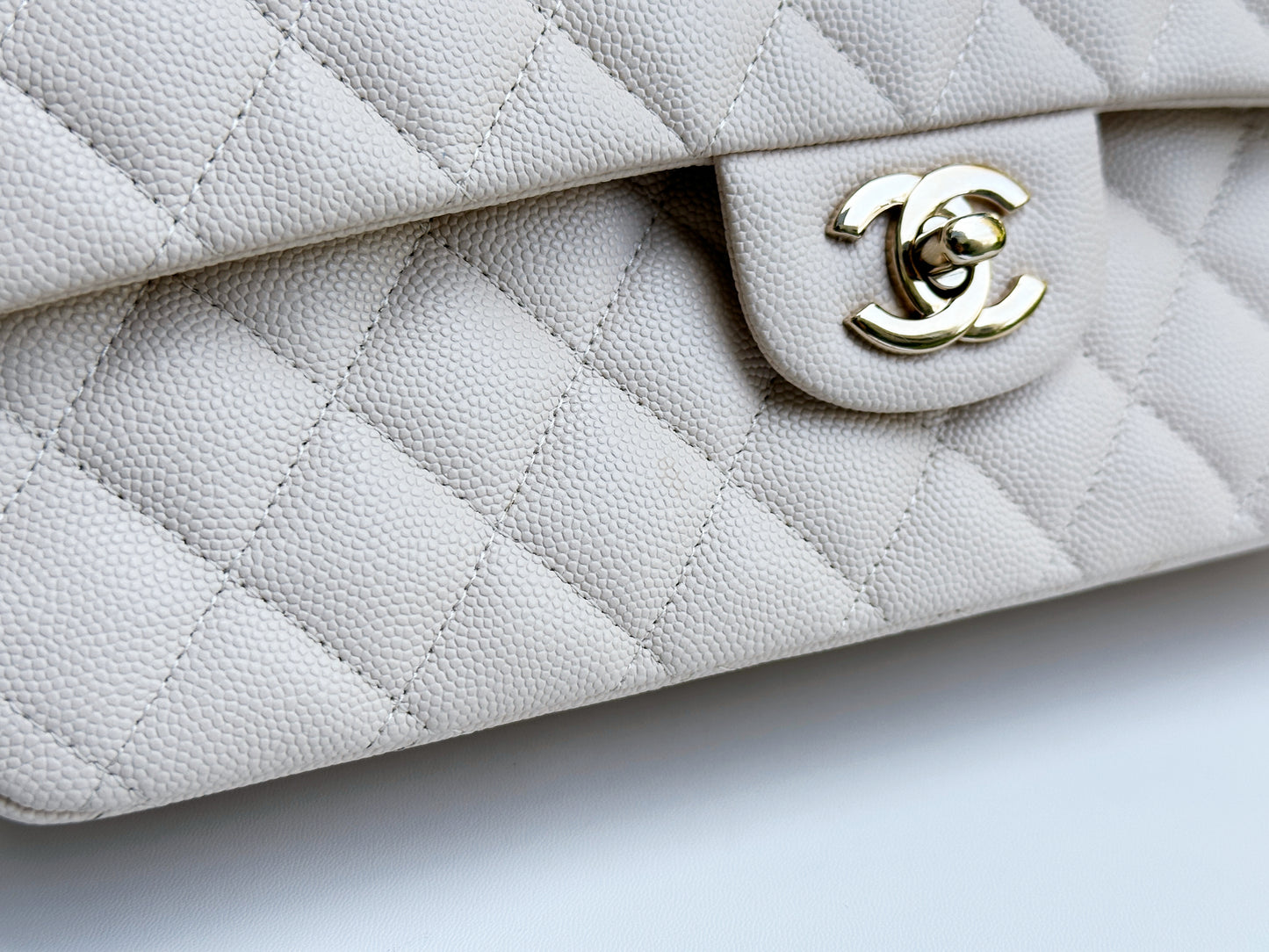 Chanel Medium Caviar Classic Quilted Double Flap Ivory Light Beige Bag LGHW