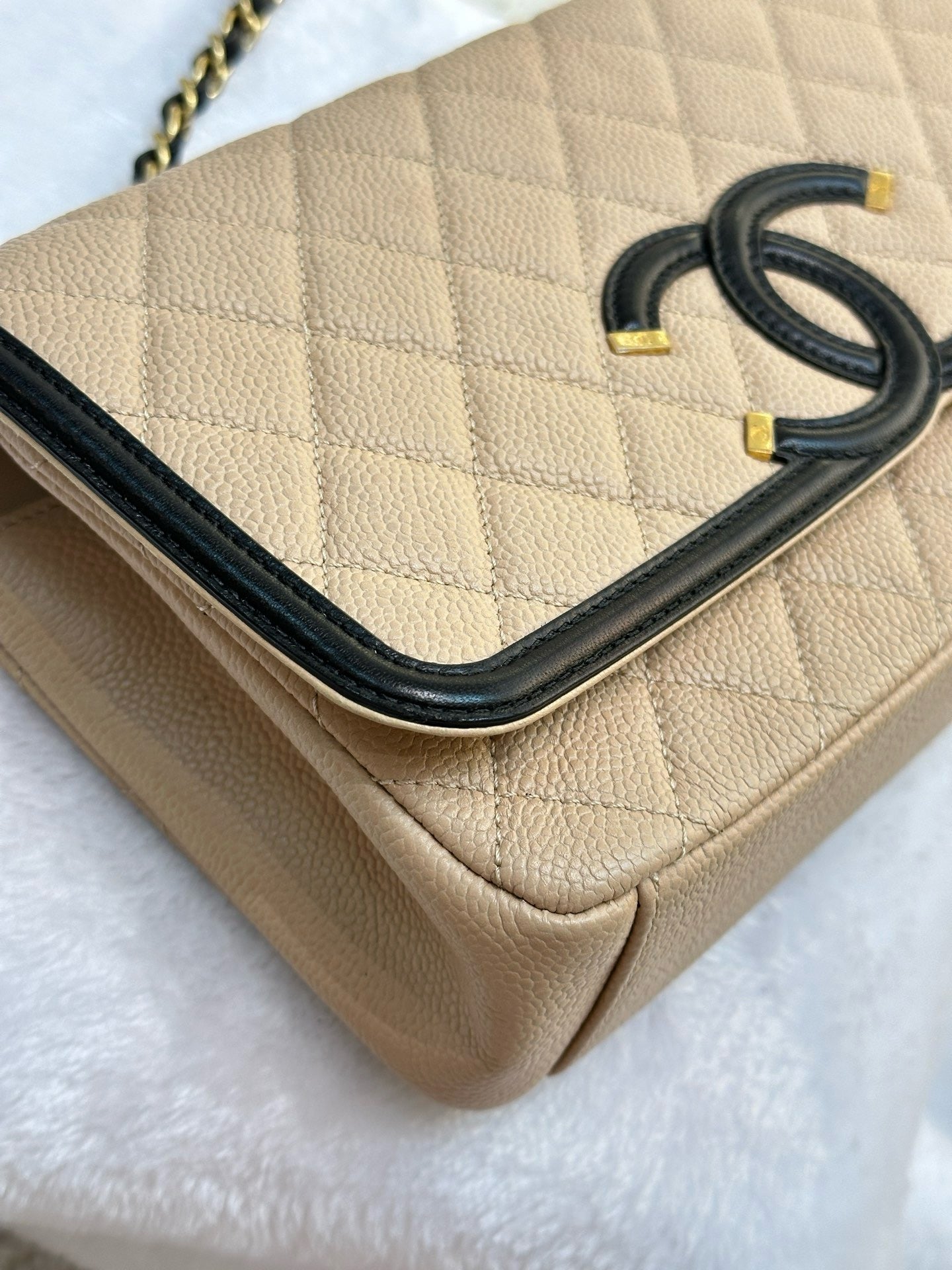 Chanel Medium Caviar Quilted CC Filigree Flap Beige Black