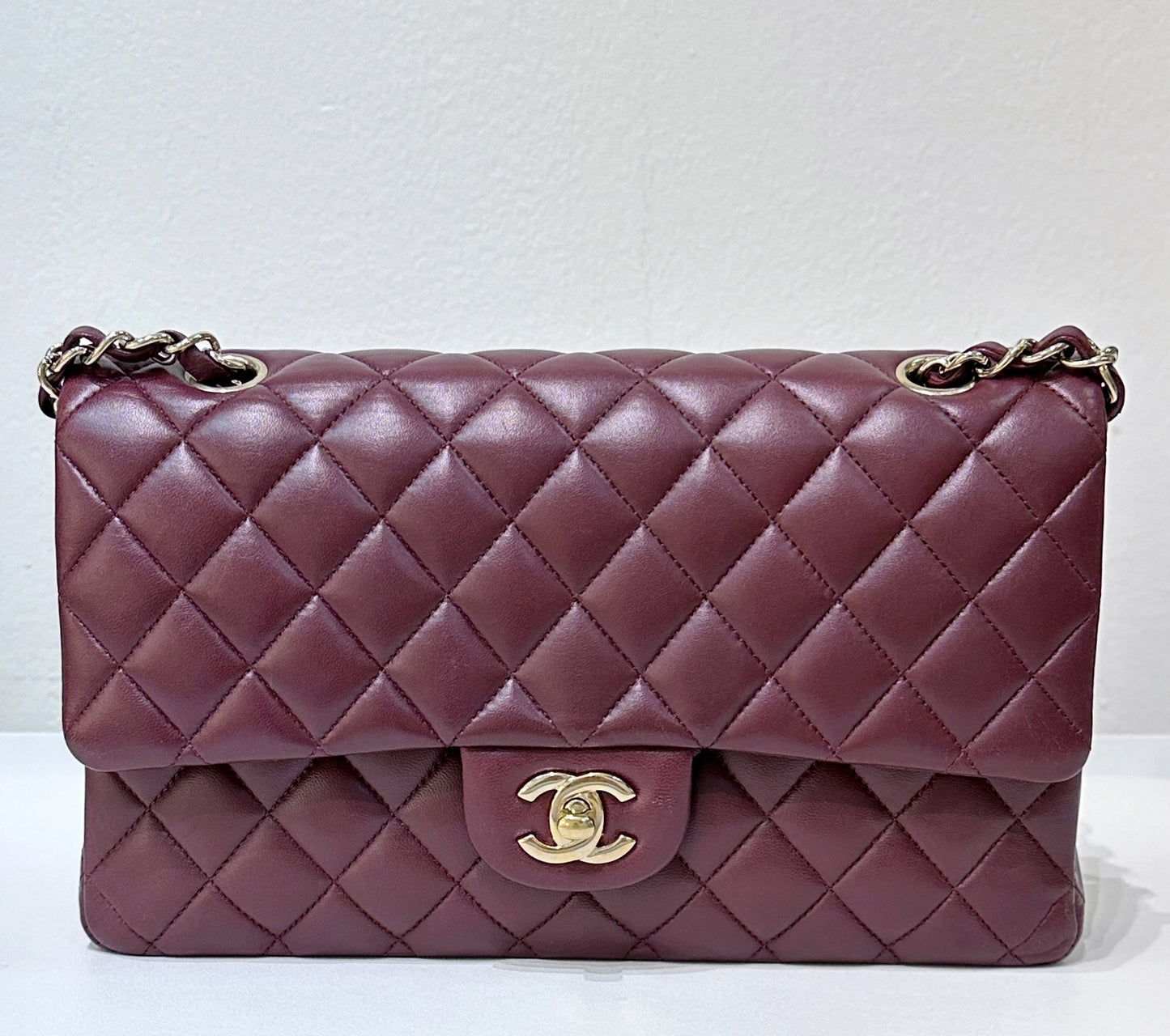 CHANEL Lambskin Quilted Medium Double Flap Burgundy