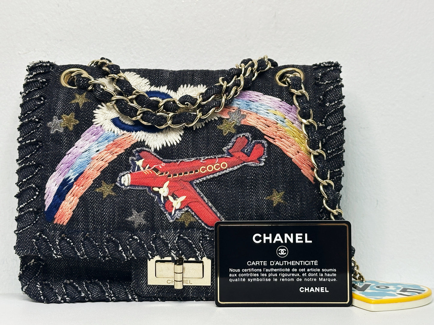 Chanel Black Denim 2.55 Night Flight Mademoiselle Flap bag 1074 holo card