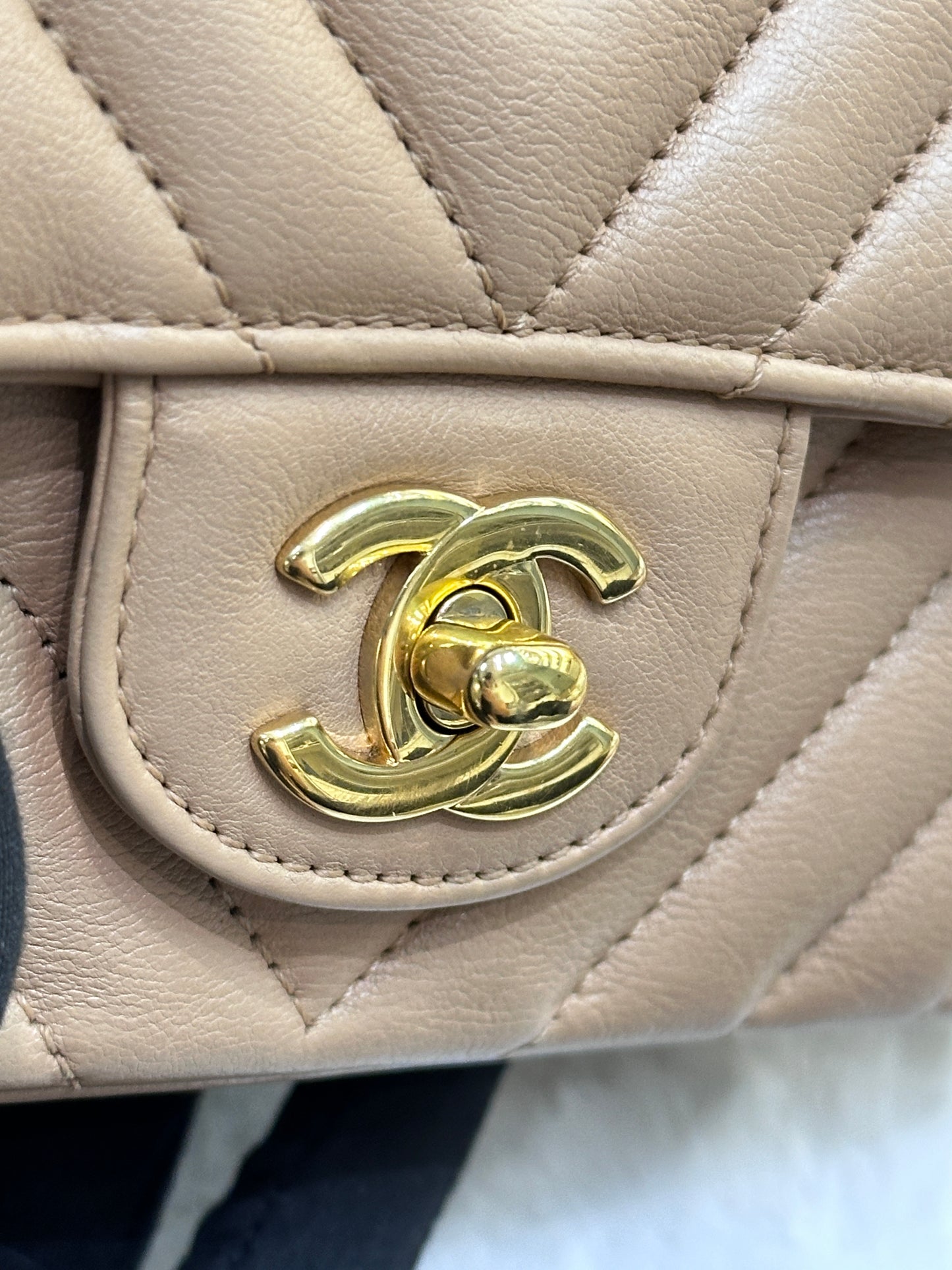 Chanel Mini Rectangular Calfskin Chevron Quilted Flap Dark Beige