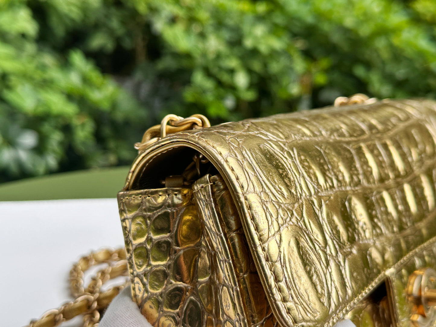 Chanel Mini Calfskin Crocodile Embossed Rectangular Gold Metallic Flap Bag 2803 holo card