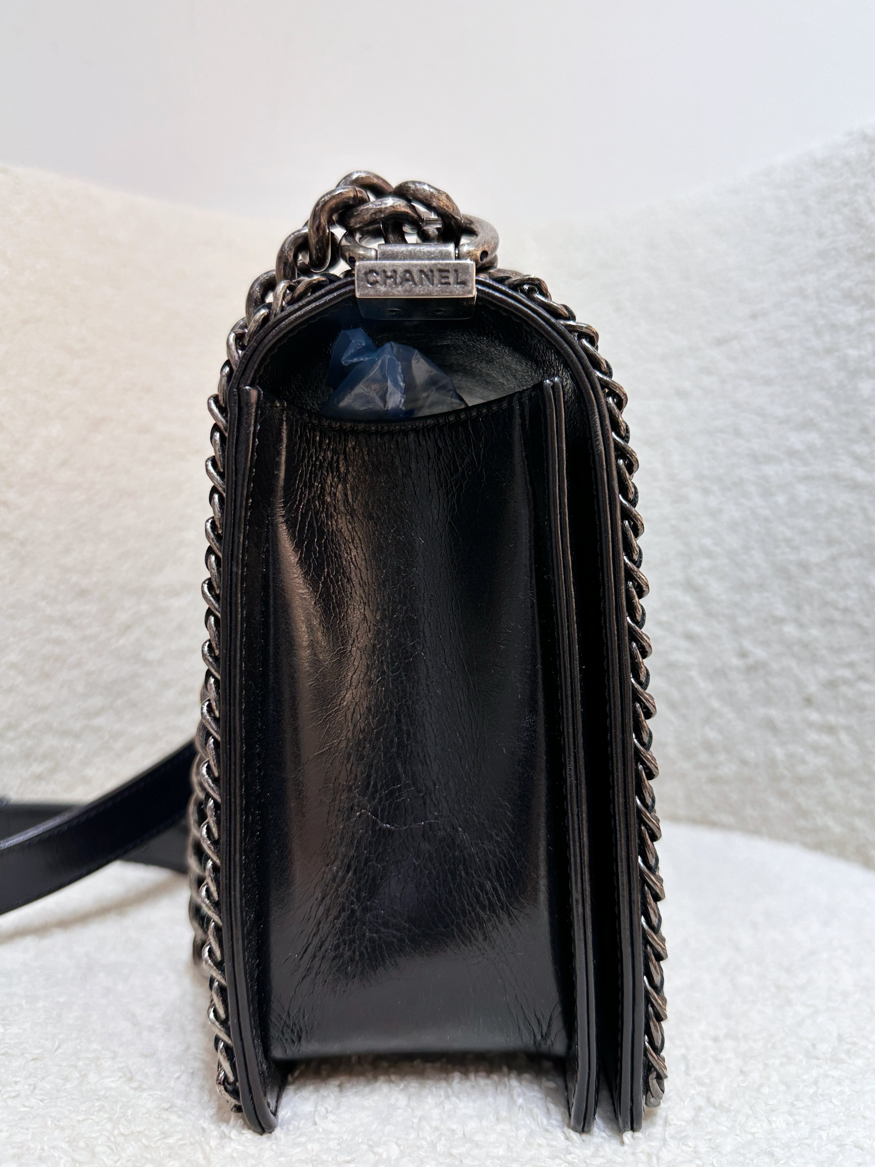 Chanel Boy Black Leather Chain Shoulder Bag 2099 holo card