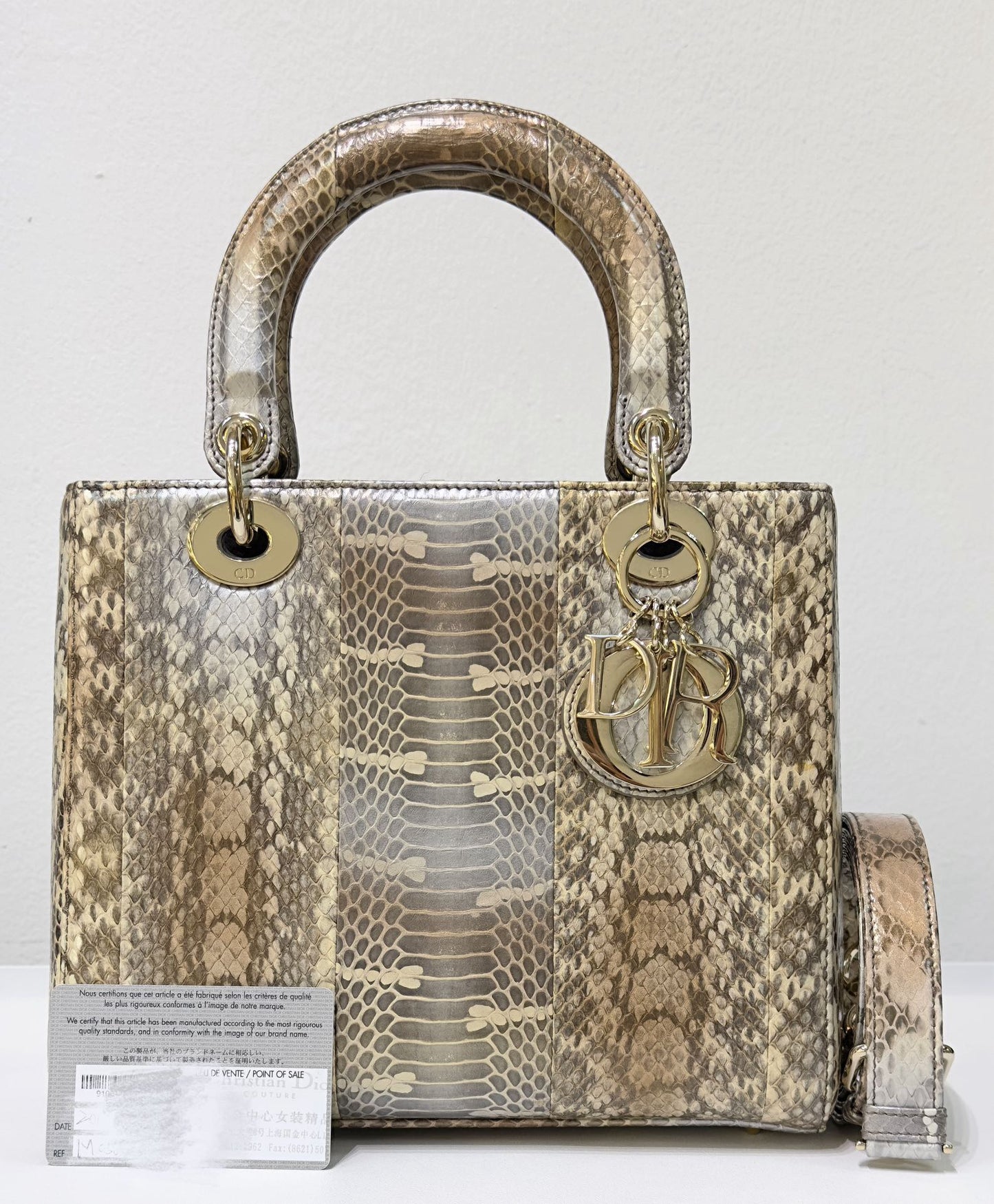 Christian Dior Medium Bicolor Python Leather Lady Dior Flap Closure Bag