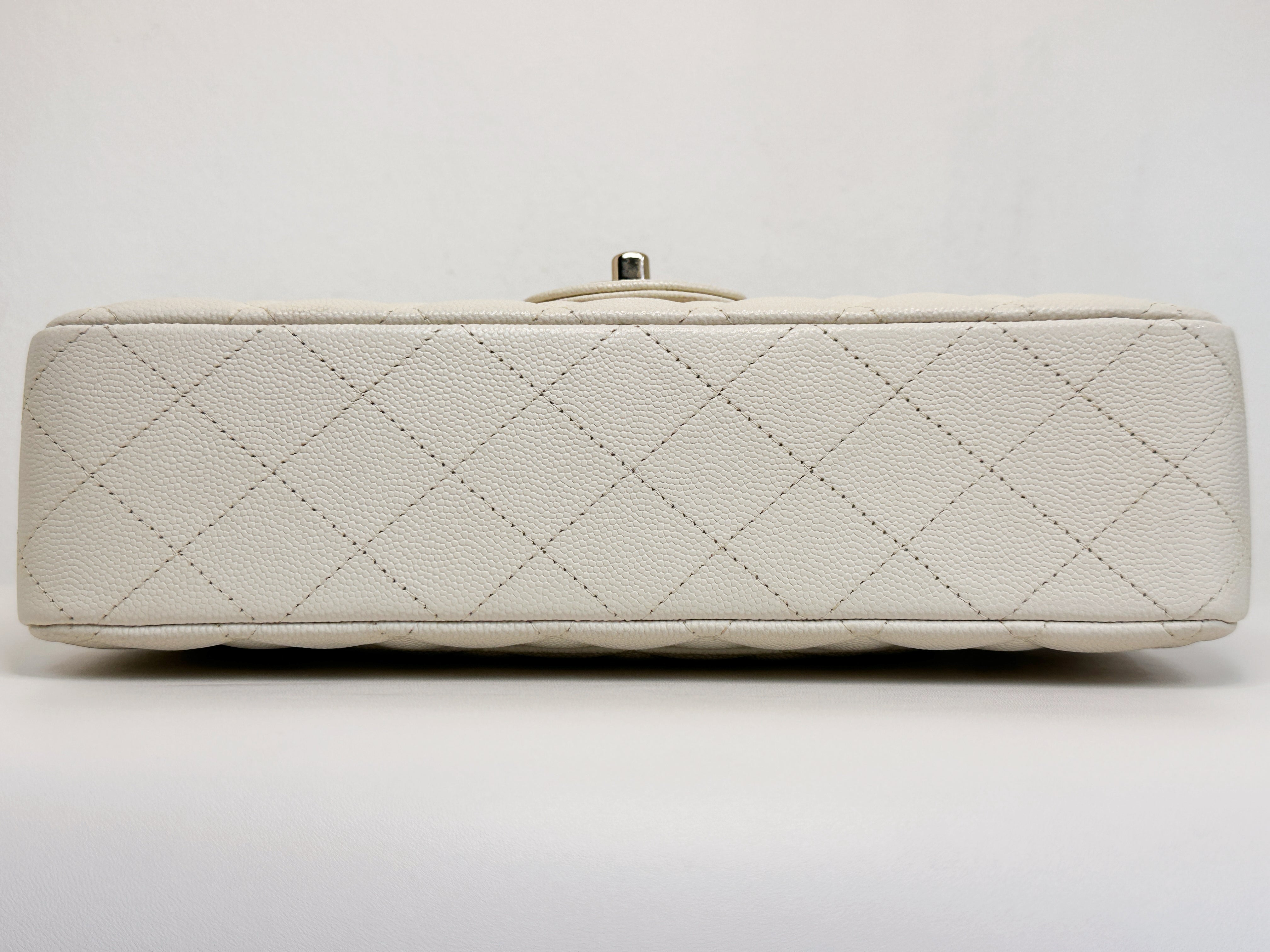 Chanel Medium Caviar Classic Quilted Double Flap White Light Beige Bag LGHW L45J microchip