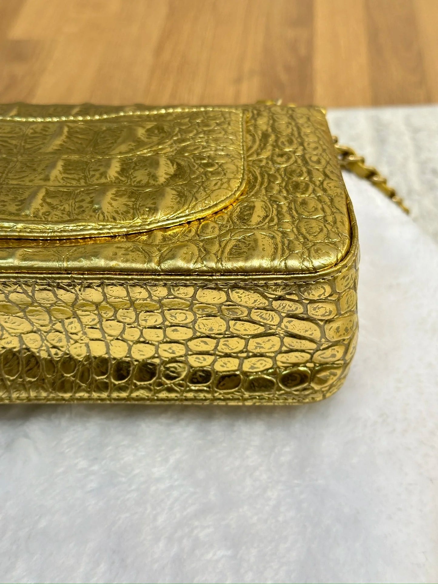 Chanel Small Calfskin Crocodile Embossed  Gold Metallic Flap Bag