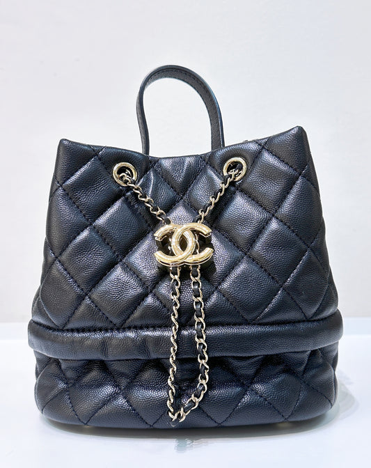 CHANEL Caviar Quilted Rolled Up Bucket Drawstring Bag Black