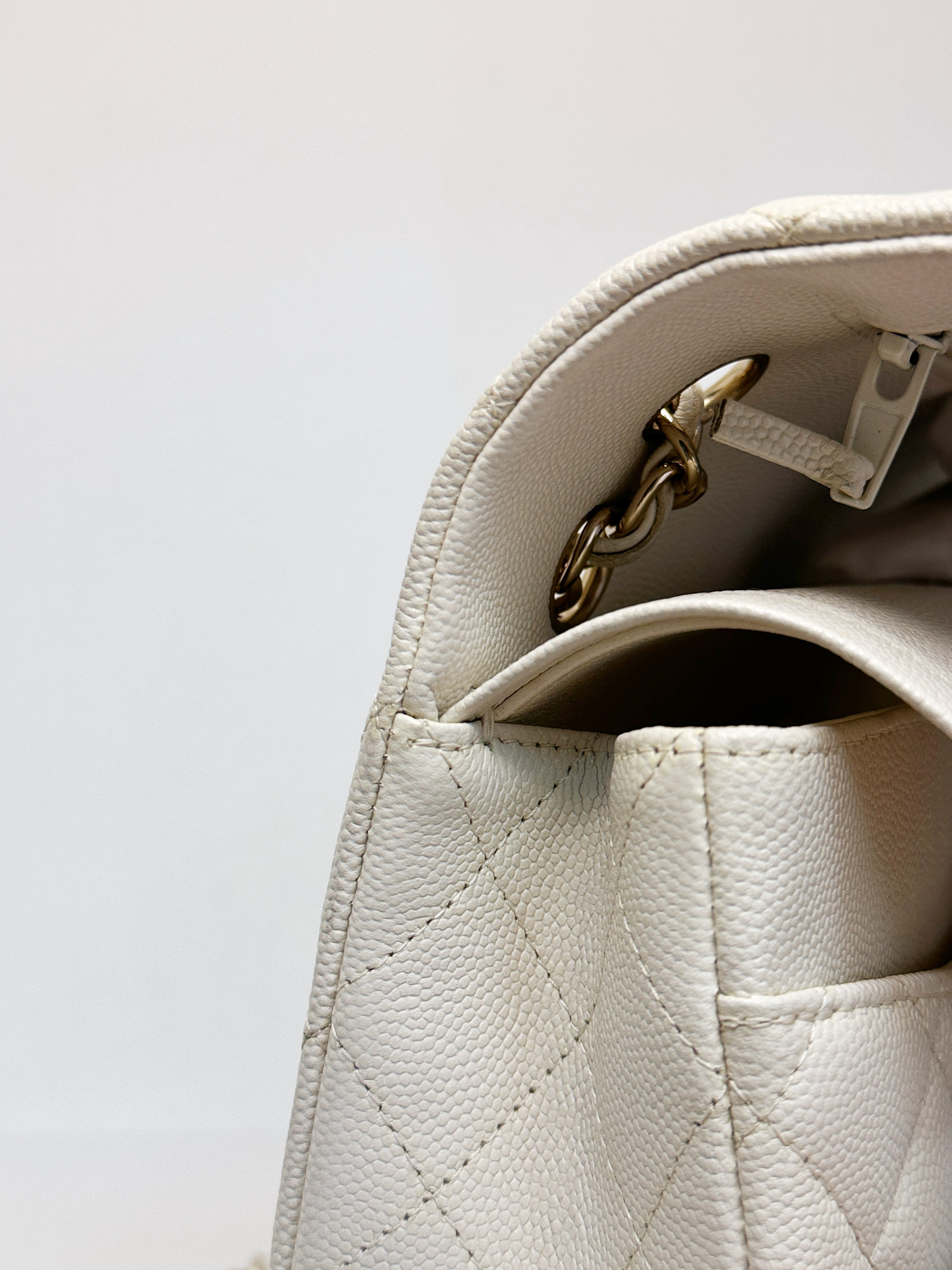 Chanel Medium Caviar Classic Quilted Double Flap White Light Beige Bag LGHW L45J microchip