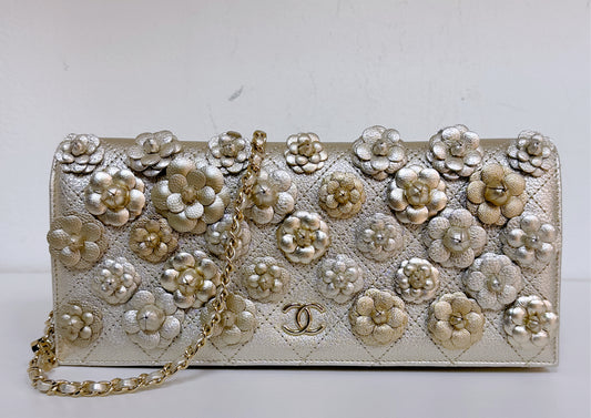 Gold Camellia Embellished Chain Clutch GHW 2728 holo card