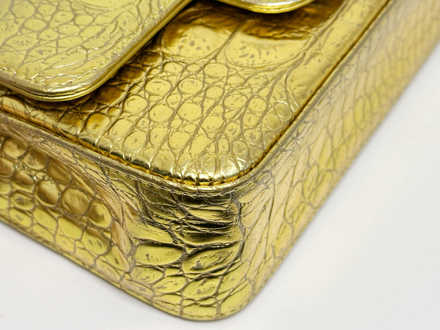 Chanel Mini Calfskin Crocodile Embossed Rectangular Gold Metallic Flap Bag 2813 holo card