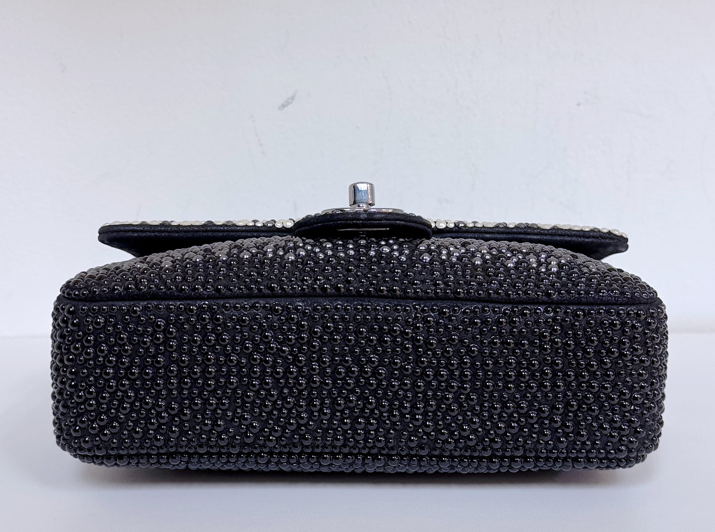 White, Grey and Black Imitation Pearls and Beads and Calfskin Embellished CC MiniClassic Single Flap Ruthenium Hardware, 2014