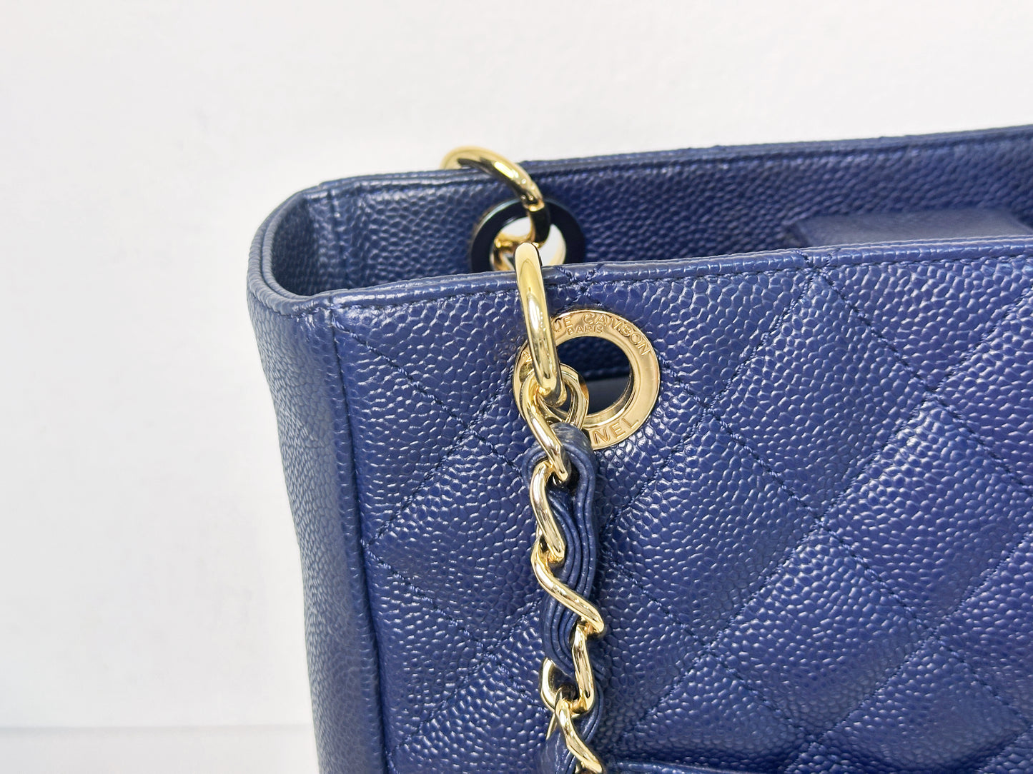 Chanel Caviar Quilted Petit Shopping Tote PST Navy Blue 1898 holo card