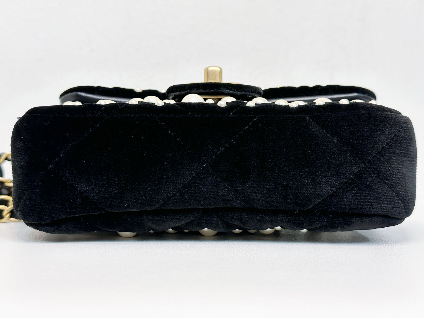 Chanel Mini Black Velvet Pearl Flap Bag X53U microchip
