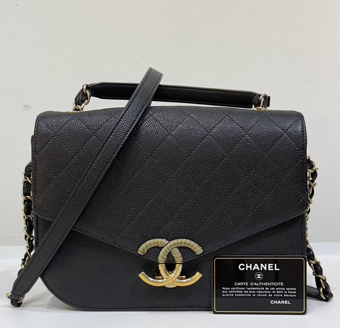 Chanel Flap Bag with Top Handle Black Caviar GHW 23 holo card