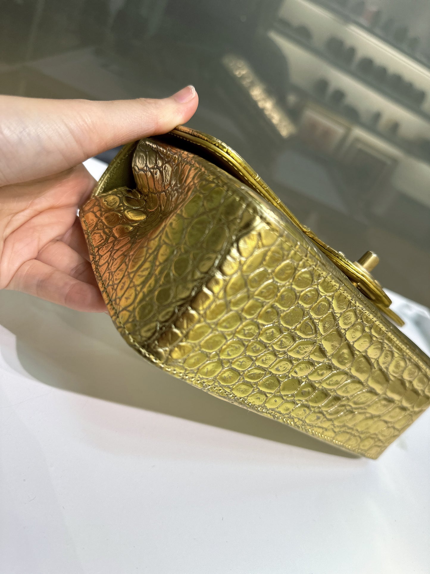 Chanel Gold Metallic Calfskin Crocodile Embossed Rectangular Mini Flap