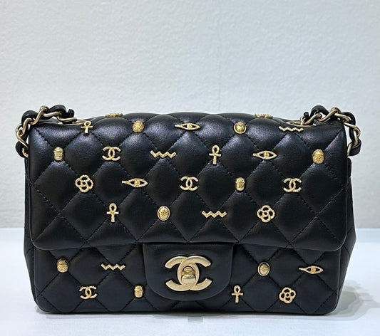 Chanel Mini Lambskin Quilted Egyptian Amulet Rectangular Flap Black GHW