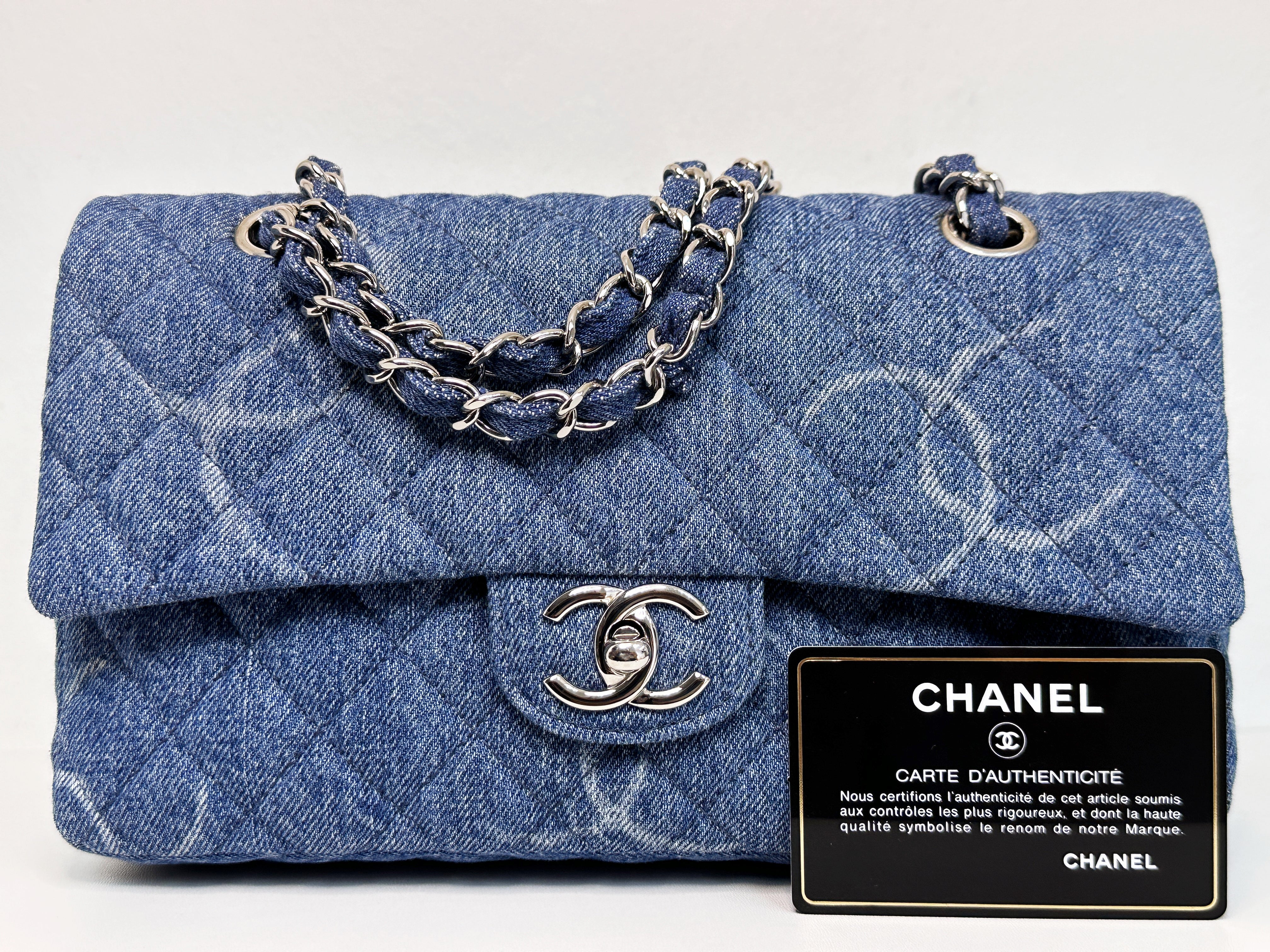 Chanel 20B Medium Blue Denim Quilted CC Single Flap SHW 3045 holo card