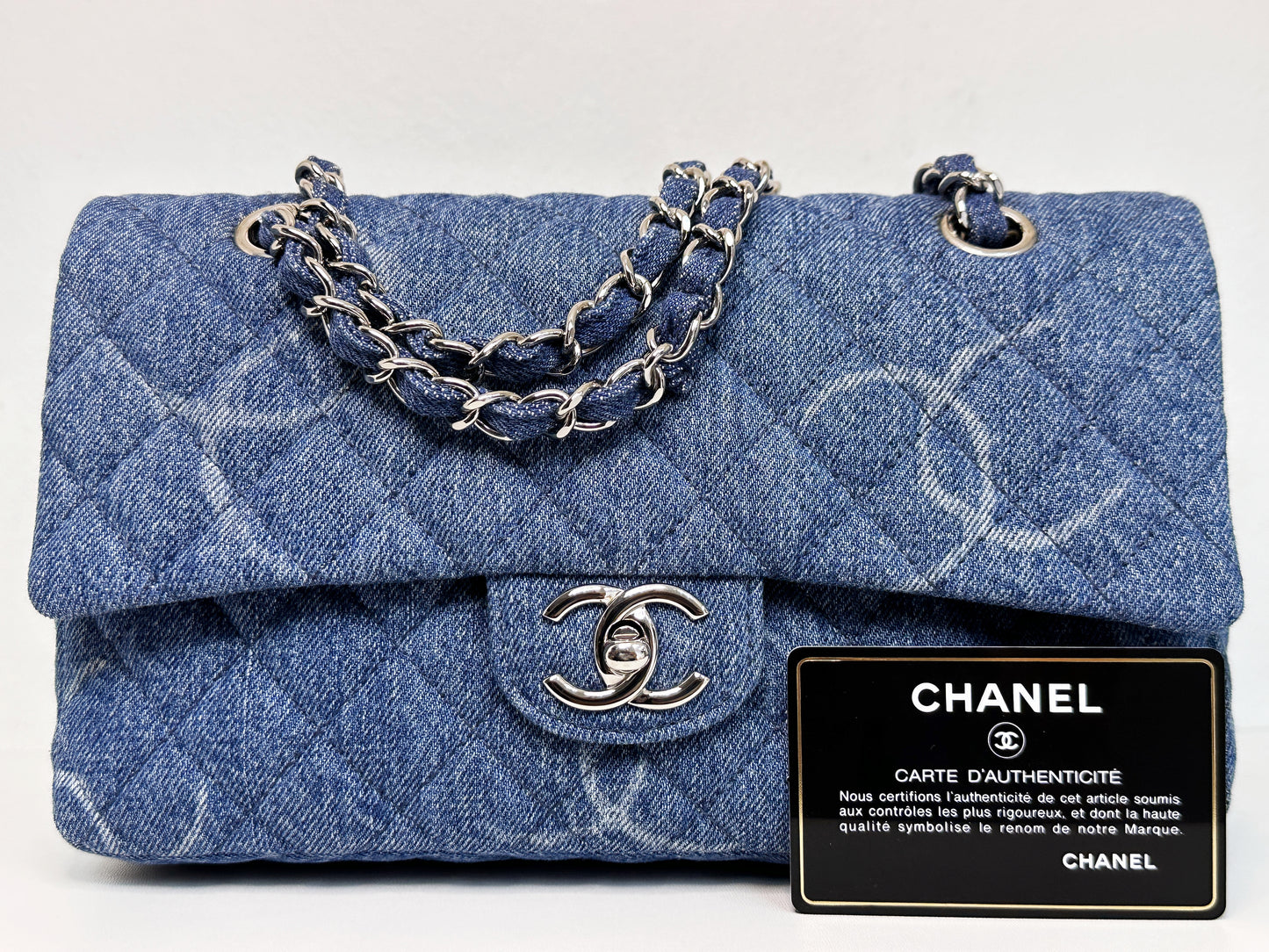 Chanel 20B Medium Blue Denim Quilted CC Single Flap SHW 3045 holo card