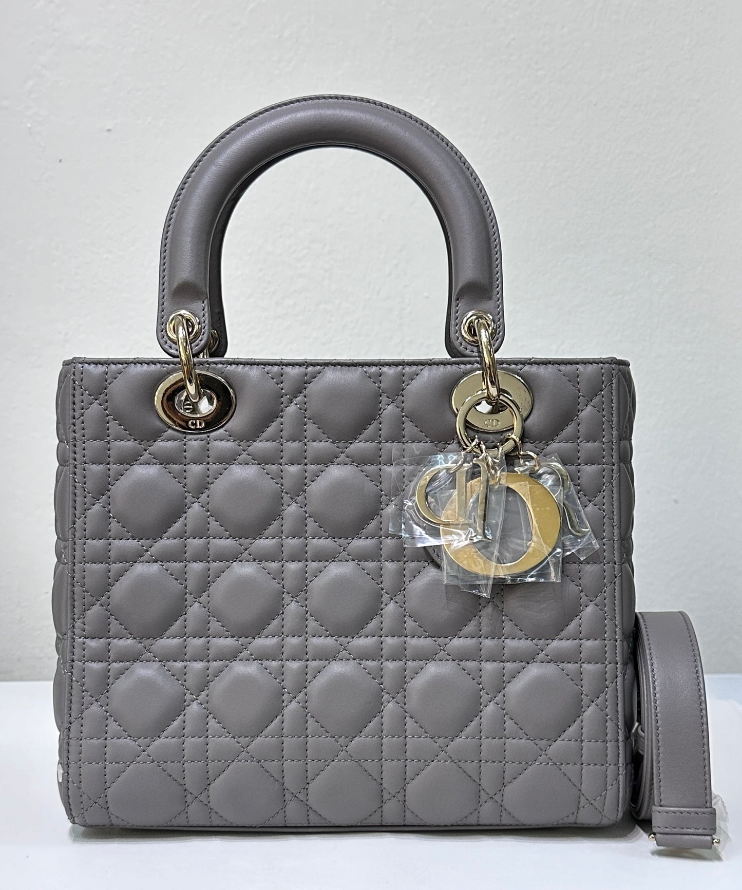 Christian Dior Medium Cannage Quilted Lambskin Leather Lady Dior Bag Grey