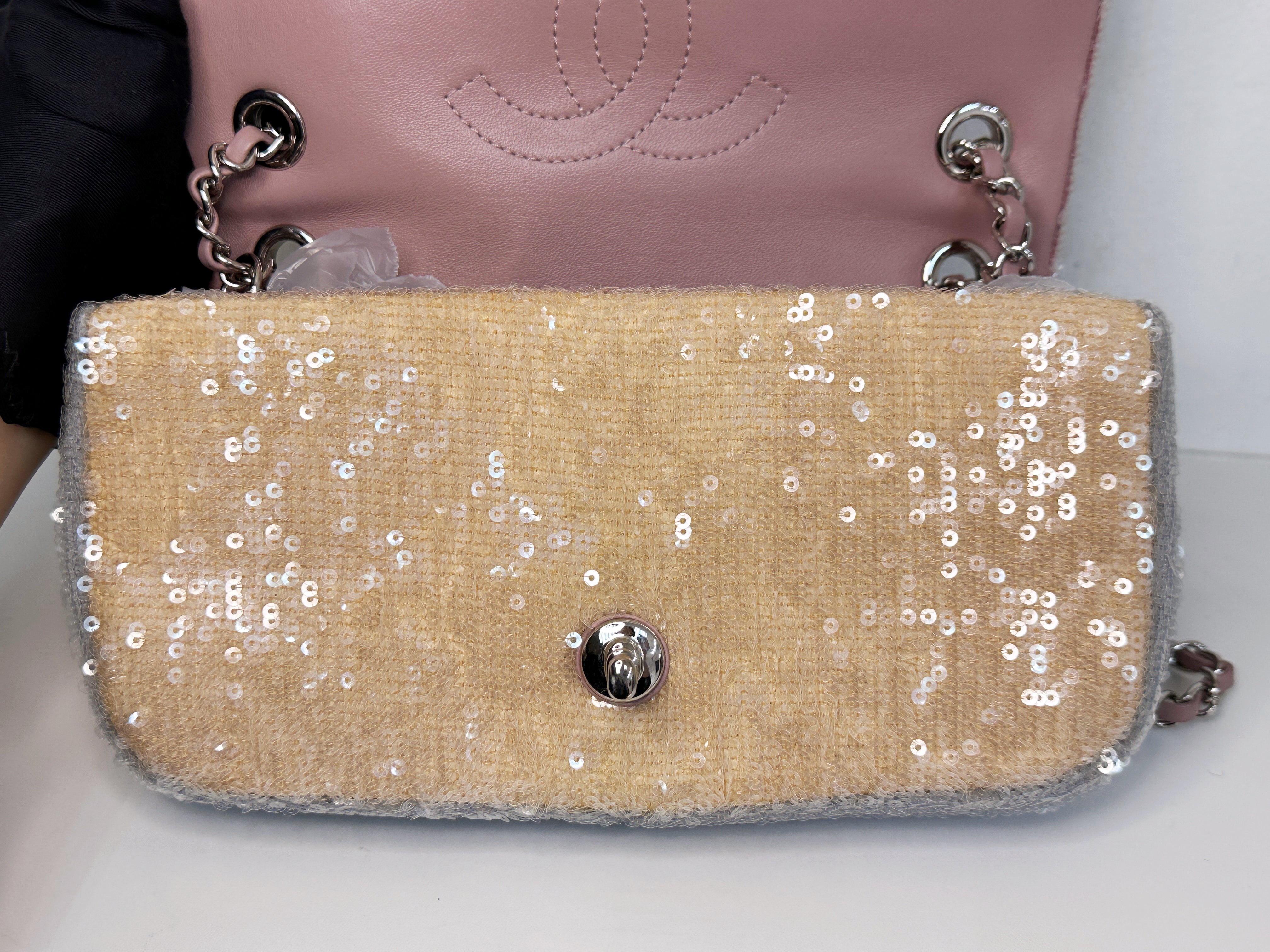 Chanel 18S Sequin Mini Waterfall Flap Pink Blue Yellow 2557 holo card