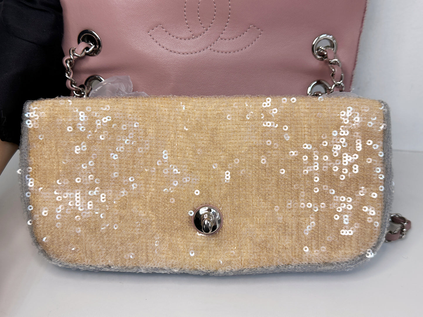 Chanel 18S Sequin Mini Waterfall Flap Pink Blue Yellow 2557 holo card