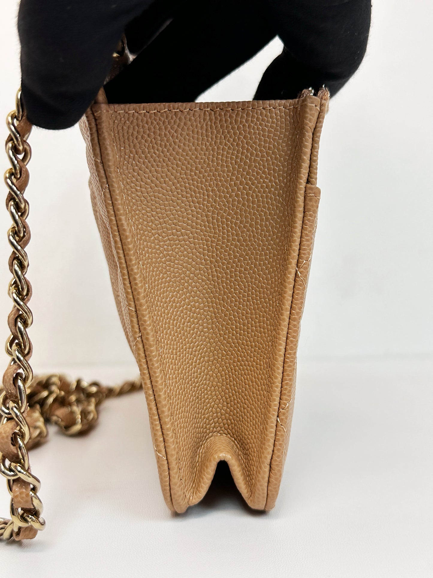 Chanel 23P Caramel Dark Beige Caviar Classic Quilted Wallet on chain LGHW UK27 microchip