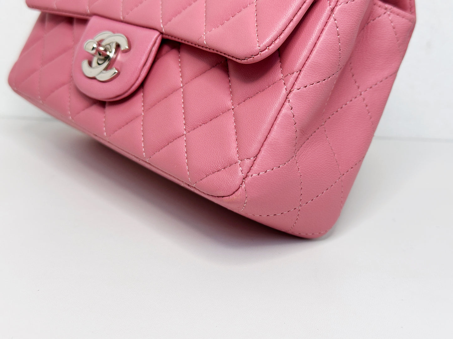 CHANEL Pink Lambskin Quilted Mini Rectangular Flap Bag Pink