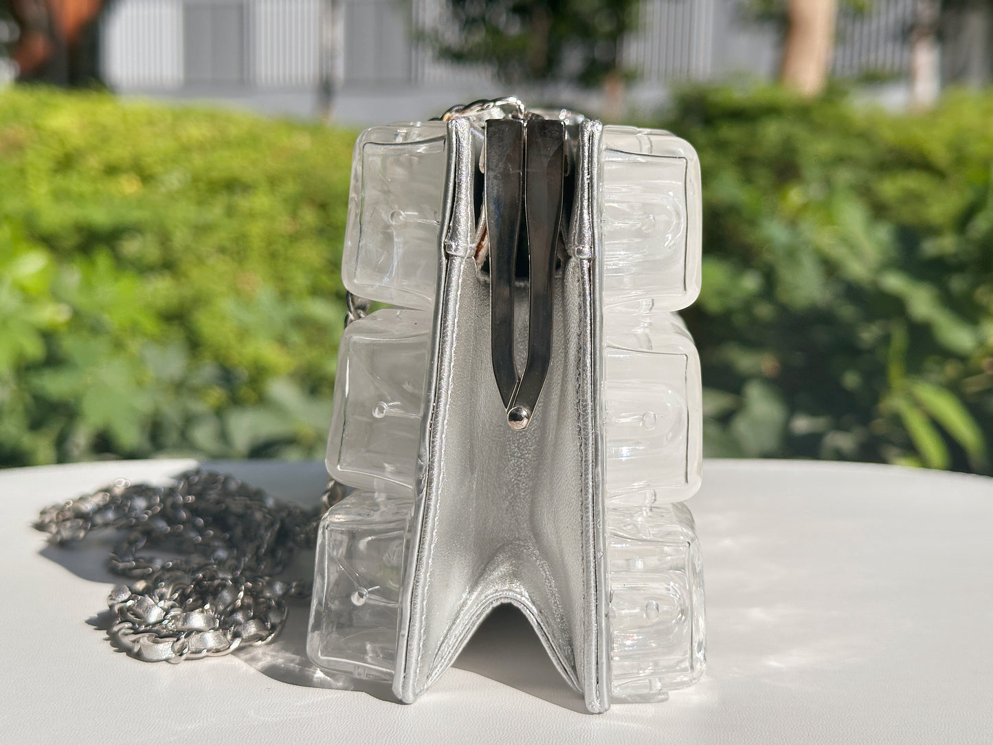 Chanel Silver Metallic Lambskin and Clear Acrylic Ice Cube Bag Silver Hardware 1426 holo card
