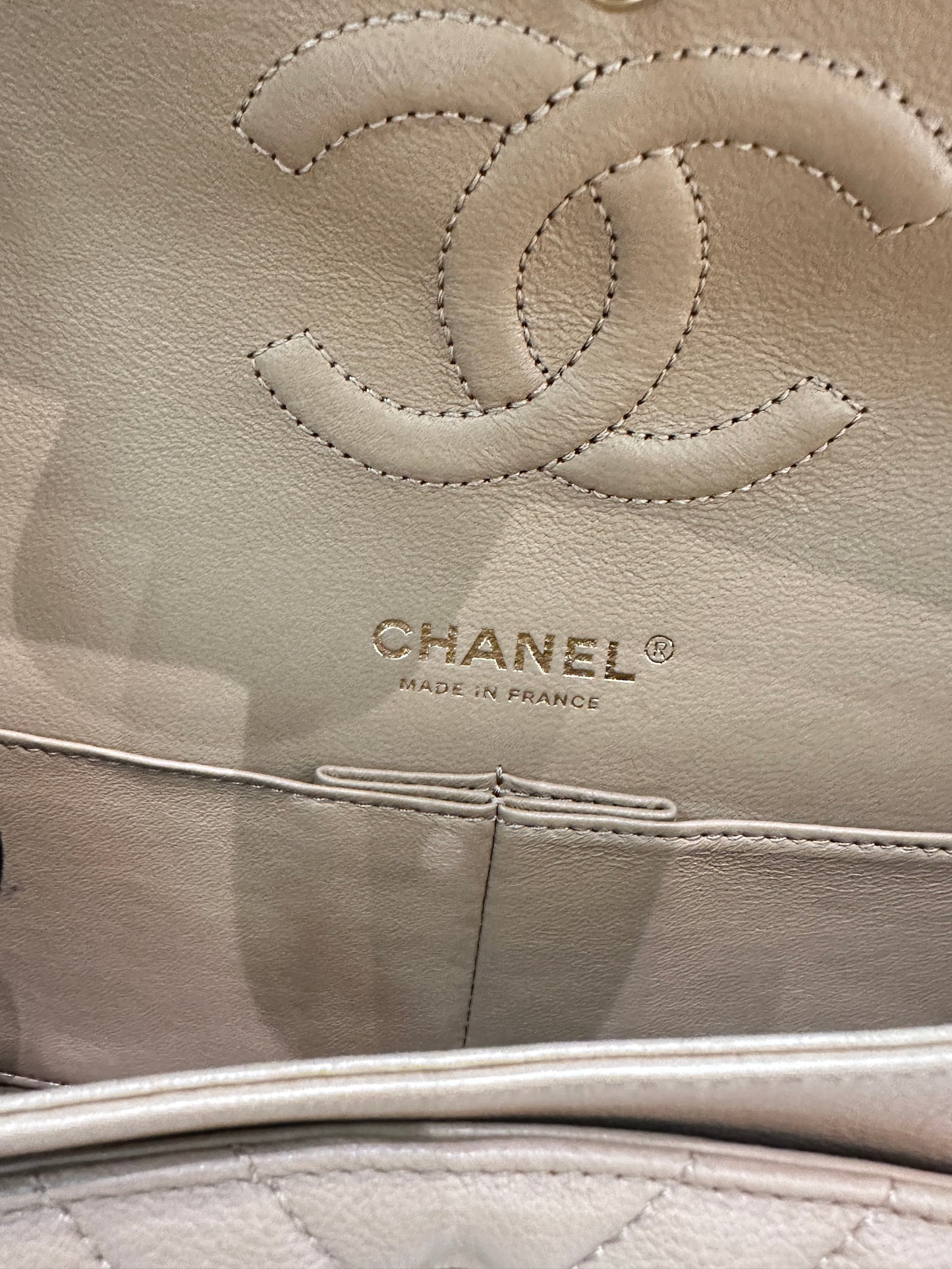 Chanel Classic Medium Beige Chevron Calfskin with Gold Hardware