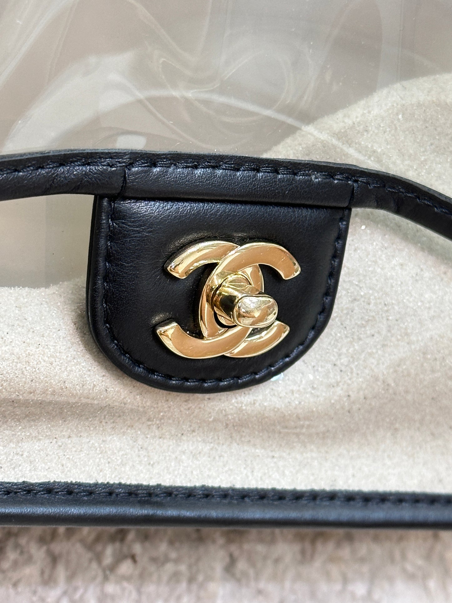 Chanel Medium Lambskin CoCo Sand PVC Sand By The Sea Flap With Pearl Strap Black GHW