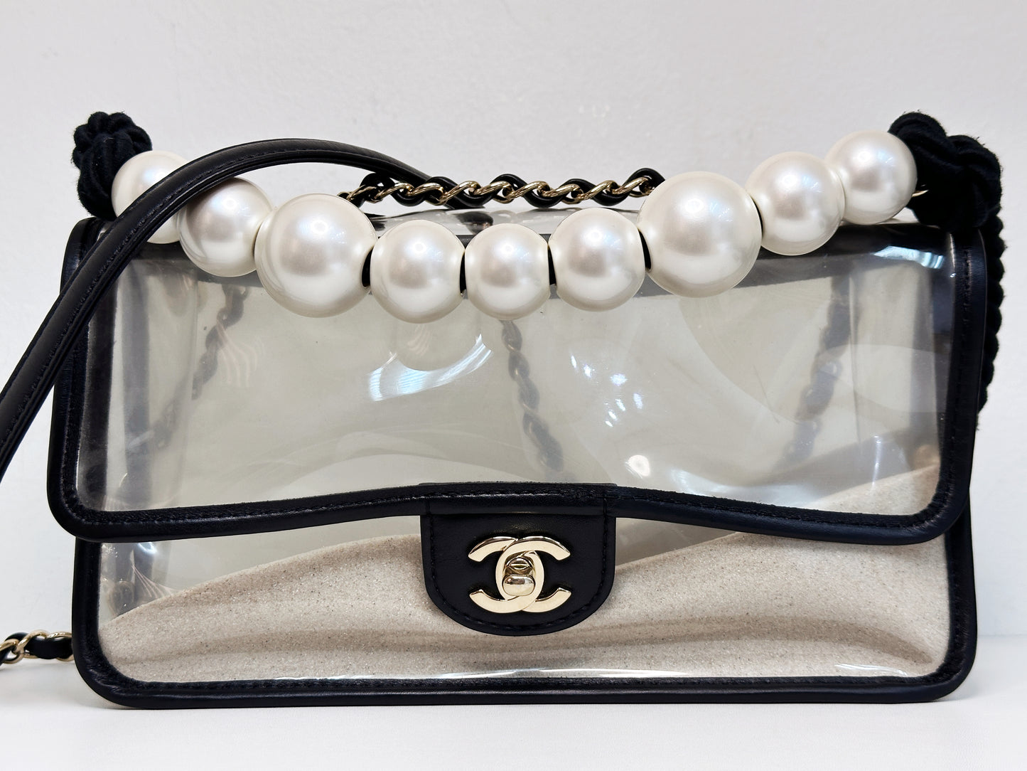 Chanel Medium Lambskin CoCo Sand PVC Sand By The Sea Flap With Pearl Strap Black 274 holo card