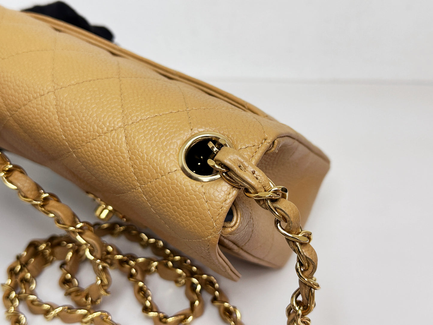 Chanel 24K Gold Mini Square Caviar Classic Flap Chain Shoulder Bag Beige GHW 84 holo card