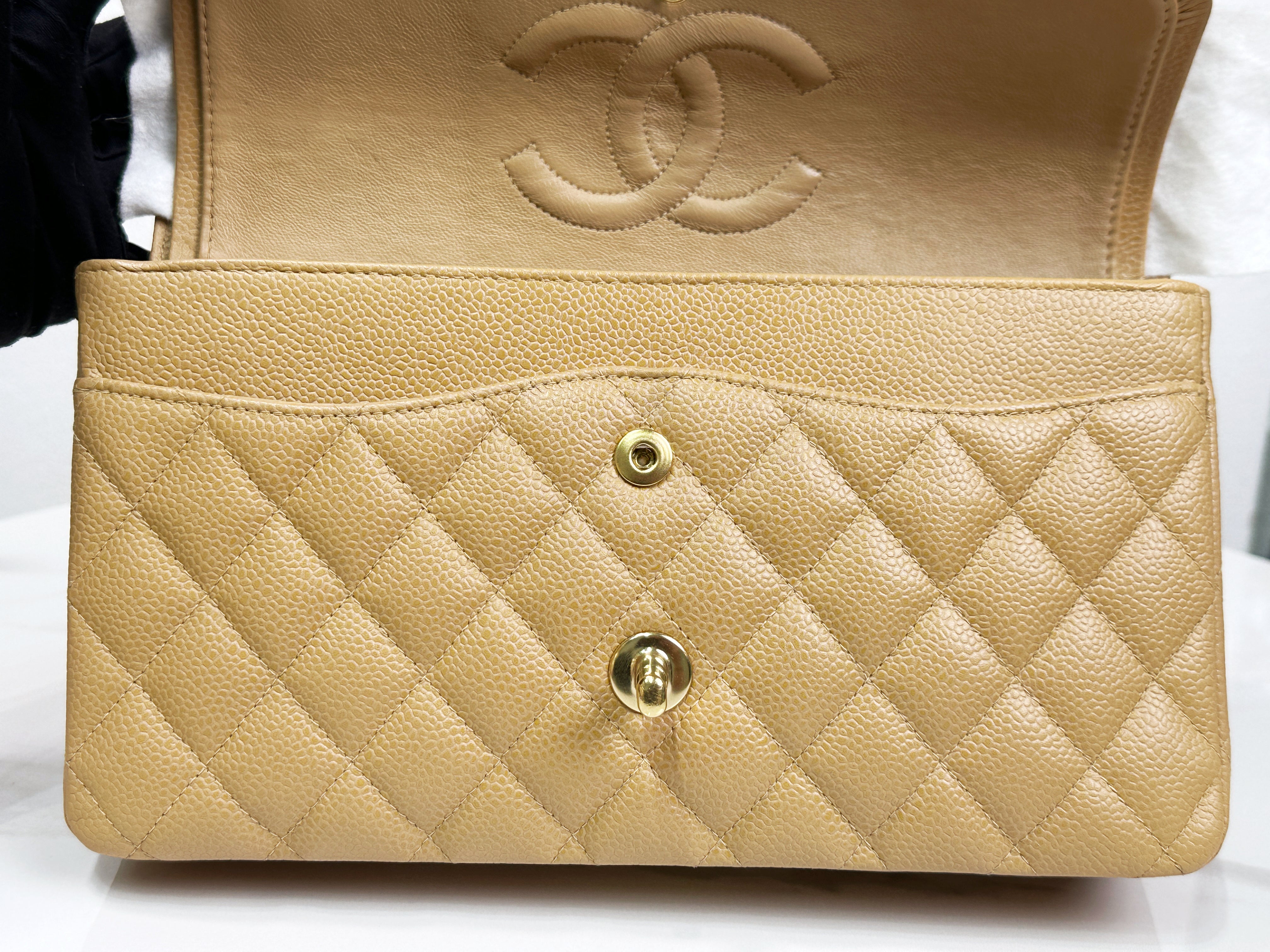 Preloved Authentic Chanel Vintage 24kGold Medium Caviar Quilted Double Flap Beige Bag