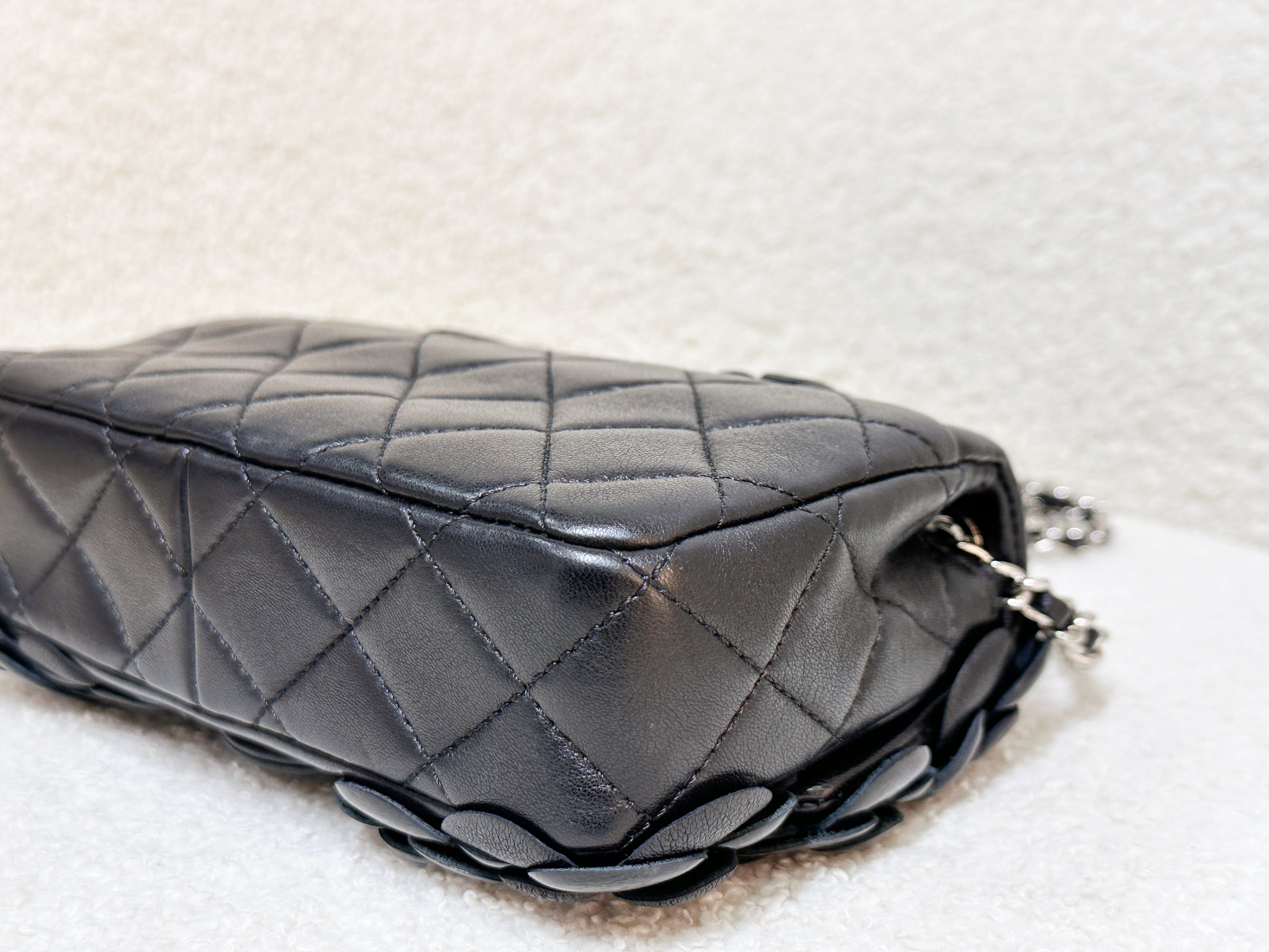 Chanel Mini Rectangular Camellia Flap Bag Black Lambskin and Patent Silver Hardware