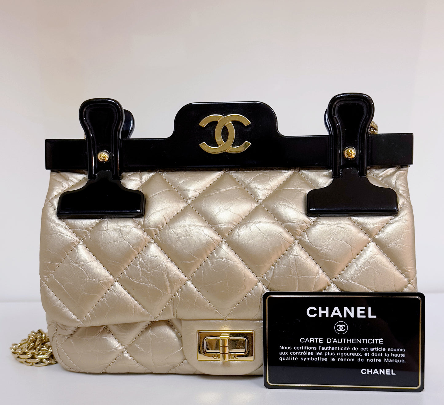 Chanel Aged Calfskin Quilted 2.55 Reissue Mini Hanger Flap Gold 2355 holo card