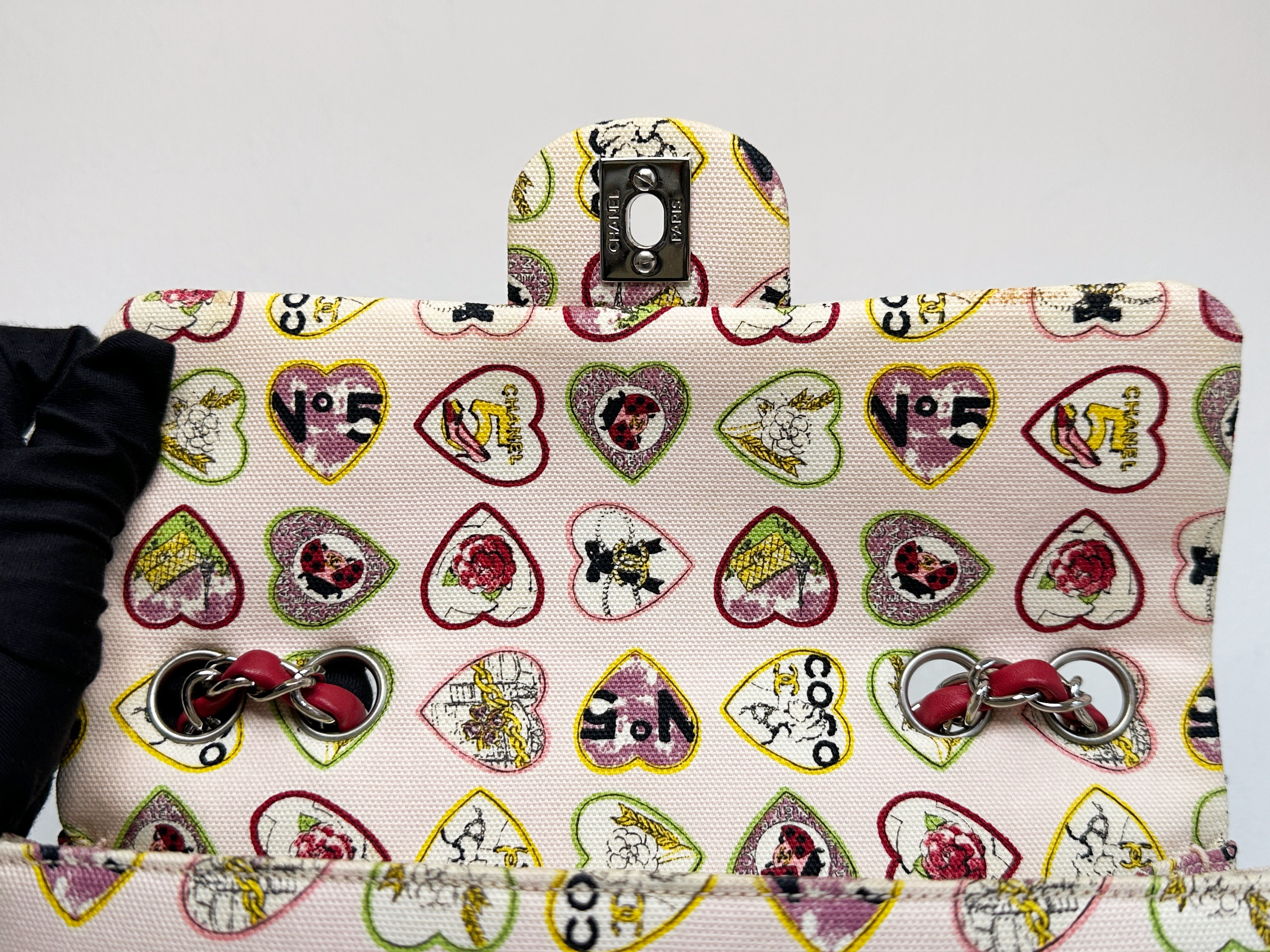 Chanel Valentine Coco Heart Motif Printed Pink Canvas East West Flap Bag 1064 holo