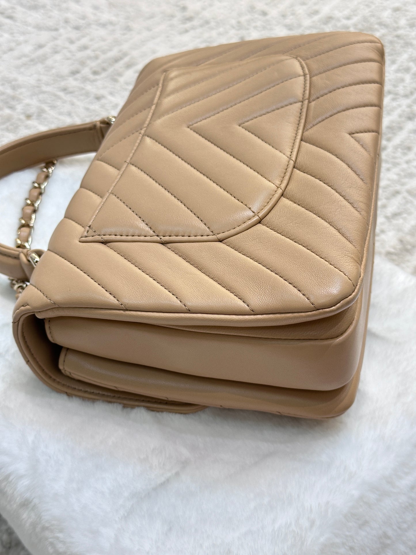 Chanel Lambskin Chevron Quilted Medium Trendy CC Dual Handle Flap Bag Beige