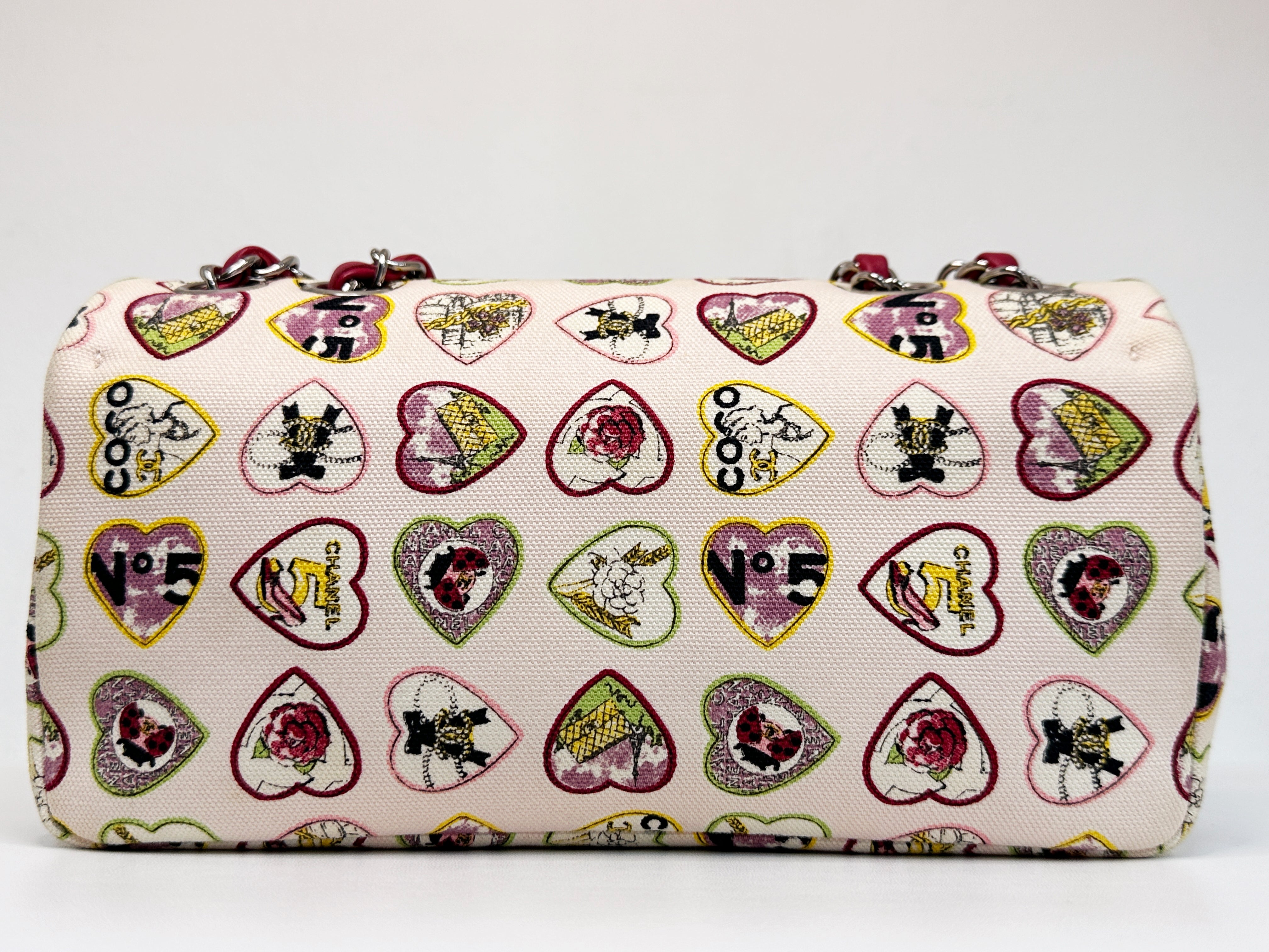 Chanel Valentine Coco Heart Motif Printed Pink Canvas East West Flap Bag 1064 holo