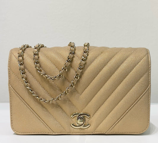 Chanel Mini Statement Metallic Caviar Chevron Quilted Flap Beige LGHW