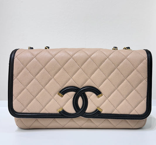 CHANEL Caviar Quilted Medium CC Filigree Flap Beige Black