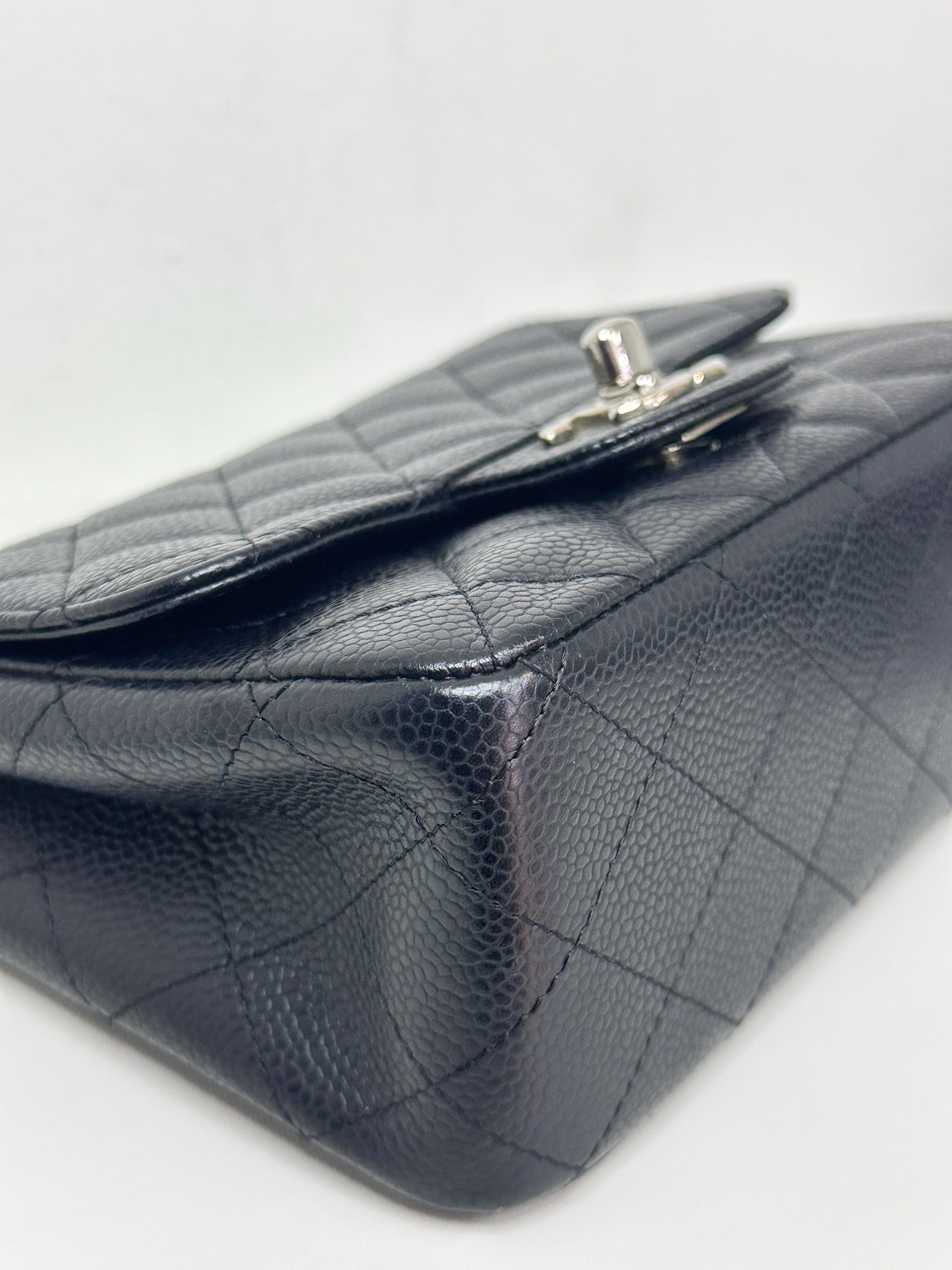 Chanel Mini Square Classic Quilted Caviar Single Flap Bag Black SHW 1184 holo card