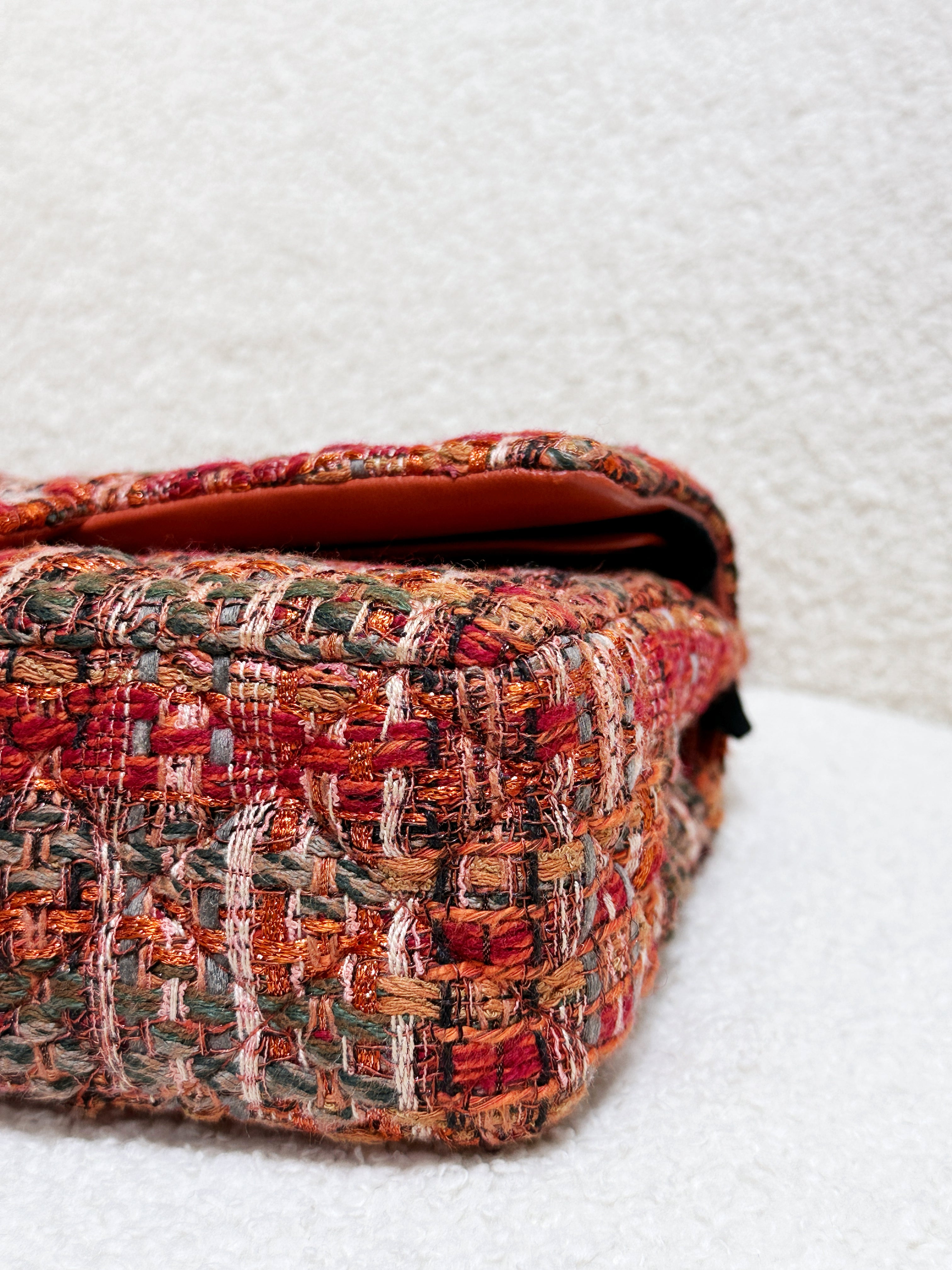 Chanel Tweed Quilted Medium Double Flap Bag Orange Multicolor K9J2 microchip